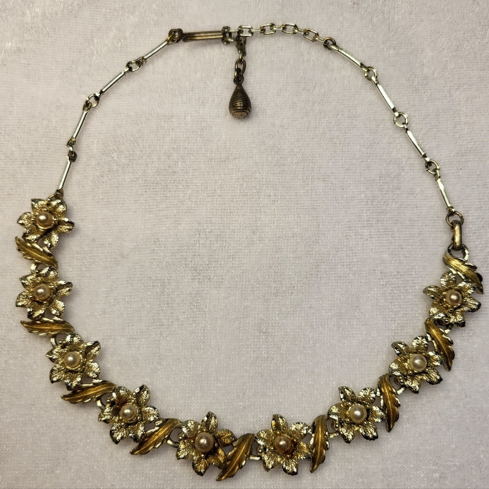 Vintage Unsigned Floral Faux Pearl Demi-Parure, Gold-Tone, 16" Necklace